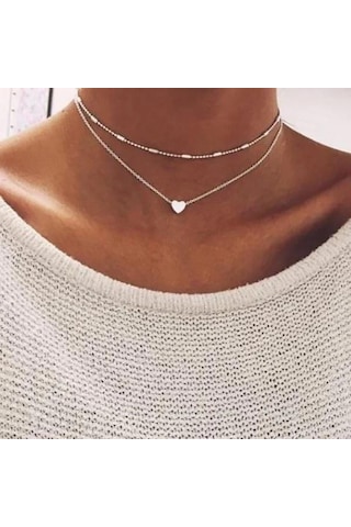 Gümüş Renk Gerdanlık Kolye Kadınlar İçin Top Zincir Kalp Kolye Tek Renk
