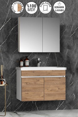 Çiğdem 80 Cm Beyaz-atlantik Mdf Lavabolu Asma Banyo Dolabı Takımı Beyaz - Atlantik Çam