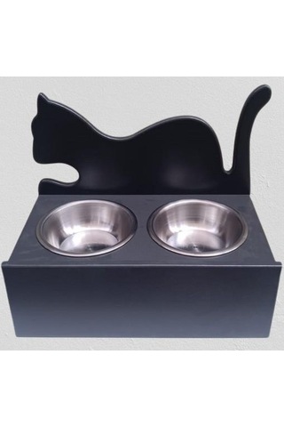 Hobi Erc Model 90375 Küçük Kedi Mama Su Kabı Mdf Antrasit Renk Paslanmaz Tabak