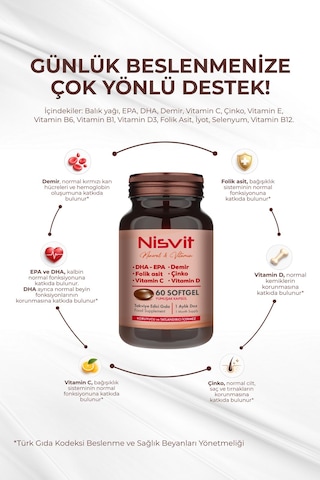 Nisvit Omega 3, Epa - Dha, Demir, Folik Asit, Vitamin, B, C, D, E, Çinko, Iyot Içeren Multivitamin