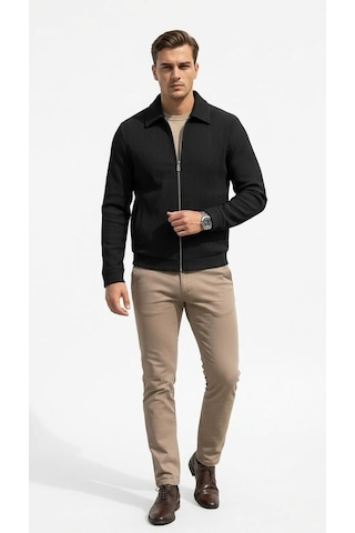 Plus Scorpion Slim Fit Fitilli Dokulu Erkek Fermuarlı Mont Ceket Günlük Şık Kombin Siyah