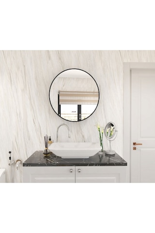 Makbulce Oval Aynalı Banyo Dolabı Mermer Desenli Mermer