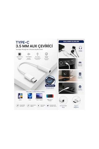 Type C 3.5 Mm Aux Kulaklık Dönüştürücü Çevirici Digital Cpu Chip Tüm Type C Cihazlarla Uyumlu