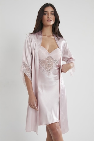 Pierre Cardin 4240 Kadın Saten Dantelli Gecelik&sabahlık Takım - Pudra Pudra