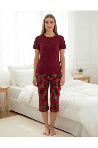 Mihra Kadın Bisiklet Yaka Milan Likralı Kapri Kısa Kol Pijama Takımı 50108bb - 1 Adet Bordo
