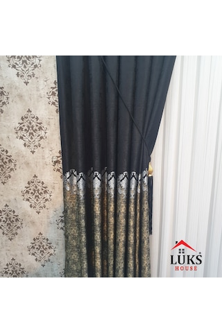 Lüks Siyah Fon Pano Perde Sık Pile Tek Kanat, En100 Cm Siyah