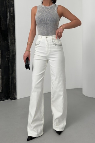 Lacarino 7984 Wide Leg Kadın Jean Pantolon Beyaz Taşlı