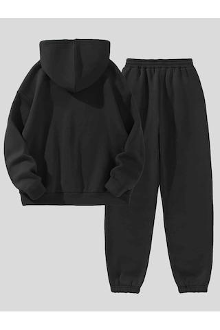 California Minimal Yazı Eşofman Takımı Sweatshirt Jogger - Siyah Baskılı Oversize Şardonlu Kapüşonl Siyah