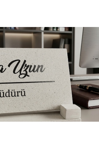 Masaüstü İsimlik Seti Mermer İçerikli Beton Ofis Masa İsimliği 3 Parça Kum Beji Açık Bej Renk