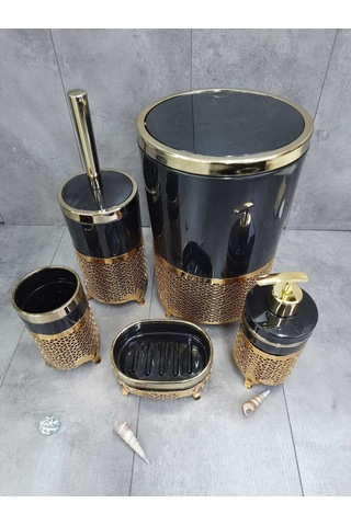 Avangard Siyah Üzeri Gold Işlemeli 5'li Banyo Seti Siyah