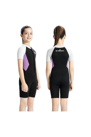 Dıve & Saıl 2.5mm Kısa Kollu Tek Parça Sıcak Çocuk Wetsuit Şnorkel Soğuğa Dayanıklı Mayo Mor