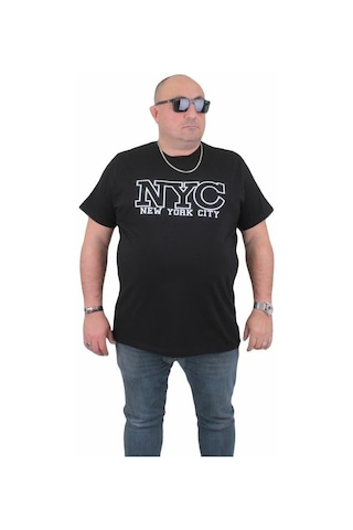 Starbattal Erkek Büyük Beden Sıfır Yaka Tişört Nyc 24133 Sıyah-Sıyah Siyah