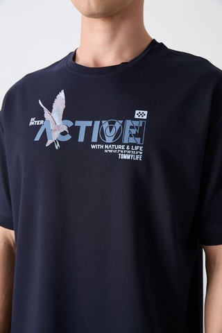 Tommy Life Lacivert Pamuklu Kalın Yumuşak Dokulu Oversize Fit Baskılı Erkek T-shirt - 88344 001