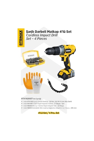 Rtrmax RTX1820SET Şarjlı Darbeli Matkap + Bits Uç + Kemer Klipsli Adaptör Seti + Uç Tutucu + Eldiven 4'lü Set