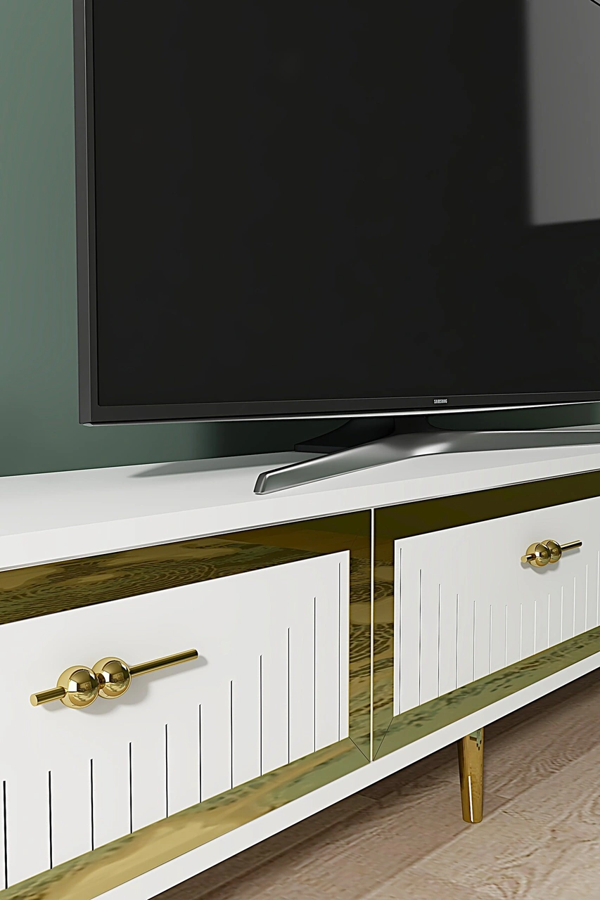 Tsa1802bg - Tuna Tv Stand, Tv Sehpası Beyaz-gold 180cm Beyaz