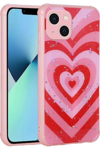 Apple Uyumlu iPhone 13 Uyumlu Simli Desenli Kamera Korumalı Parlak Zore Popy Kılıf-kalp Kalp -