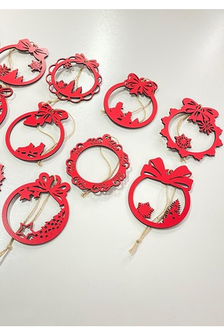 Ahşap 12 Adet Yılbaşı Ağacı Süsü Kırmızı