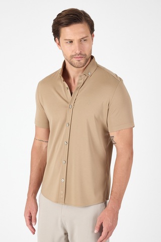 İmza Koyu Bej Kısa Kol Düğmeli Yaka Cepsiz Performans Ürün Slim Fit Gömlek 1004250256 Koyu Bej