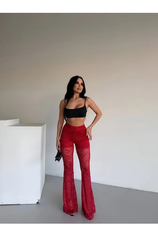 Havens Lace Kabartmalı İspanyol Paça Pantolon Kırmızı