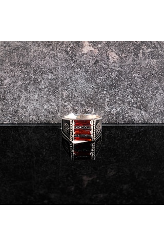 Granit / Mikro Zirkon 925ayar Gümüş Erkek Yüzük Kırmızı