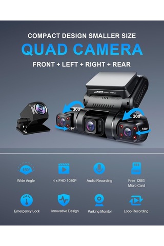 Pruveeo Dash Cam, 4 Kanallı Kamera Fhd 1080px4, Ön, Sol, Sağ Ve Arka, Ön Ve Arka İç, Dahili Gps Wifi, 256 Gb Max,