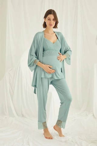 Monamise 18469 Yeşil Hamile Lohusa 3'lü Pijama Sabahlık Tk 001