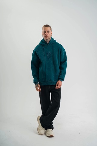 Unisex Uzun Kol Kapşonlu Yıkamalı Nakışlı Sweatshirt - Koyu Deniz Yeşili Koyu Deniz Yeşili