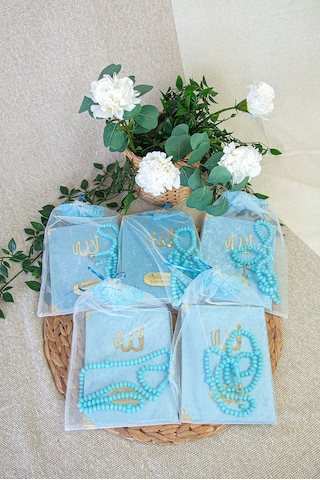 5 Adet Keseli Tesbihli İsim Baskılı Kadife Kaplı Yasin Mevlüt Kitabı Seti Hediyesi Mavi