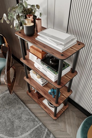 4 Katlı Dekoratif Diktörtgen Kitaplık Ceviz Ceviz