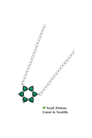 Aşkın Fısıltısı Mekik Zincir Gerdanlık Kolye Yeşil Zirkon Kalp Taşlı 925 Ayar Gümüş Gümüş