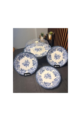 Porser Velour Navy Fulya Ayaklı Sunum Seti 8 Parça Porselen 6 Kişilik Pasta Seti Mavi