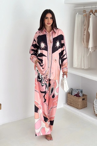 Modal Saten Kumaş Desenli Takım Pembe Pembe