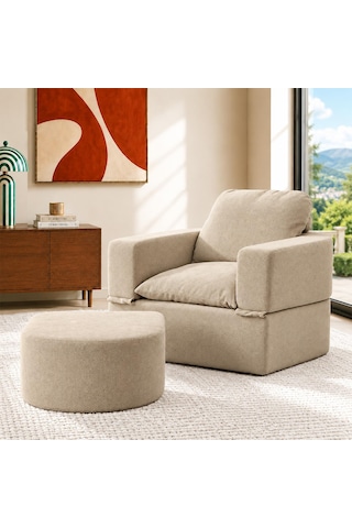 Homedius Sofa Bed Katlanır Yatak Olabilen Berjer Koltuk Puf Seti Krem
