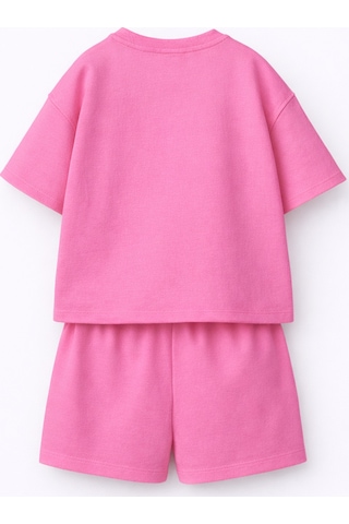 Fasardi Super Bear Adventure Süper Ayı Baskılı Oversize %100 Pamuk Tişört Şort 2li Çocuk Takım Açık Pembe