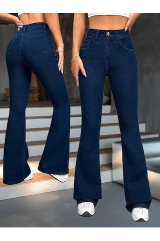 Valensdesign Kadın Yüksek Bel Paçaya Doğru Geniş Kot Pantolon Lacivert