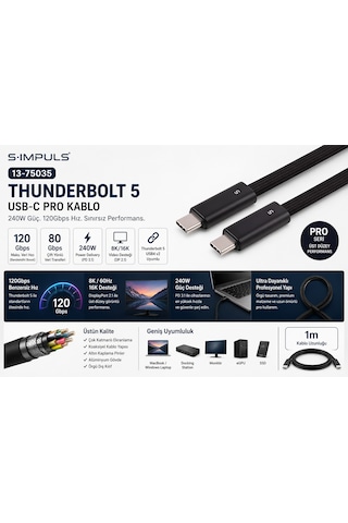 S-ımpuls Usb-c Thunderbolt 5 240w Pro Kablo 80gbps / 120gbps Boost, 240w Pd 3.1, 8k/16k Video, Usb4 V2 Uyumlu 2 Metre