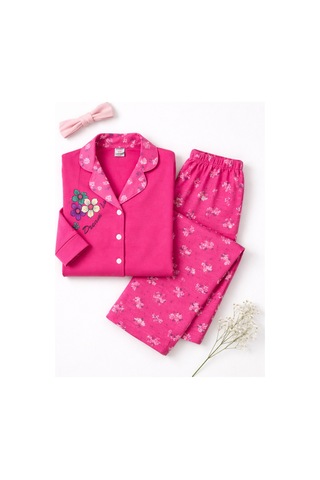 Beka Kids Çiçek Desenli Uzun Kollu Önden Düğmeli Gömlek Yaka Kız Çocuk Mevsimik Pijama Takımı Pembe