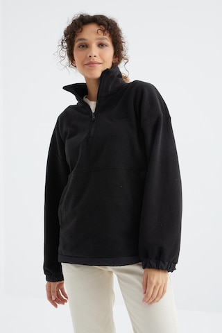 Tommy Life Siyah Yarım Fermuar Etek Ucu Büzgülü Dik Yaka Oversize Kadın Polar Sweatshirt - 97236 Siyah