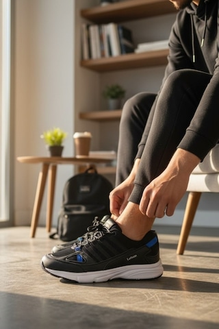 Enoch Erkek Siyah Mavi Spor Ve Yürüyüş Ayakkabısı Tam Ortopedik Tabanlı Yan Destekli Ve Fileli Şehir Modeli Siyah
