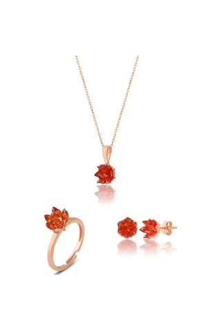 Zanaatsilver 925 Ayar Gümüş Orange Taşlı Rose Kaplama Lotus Çiçeği Takım & Set
