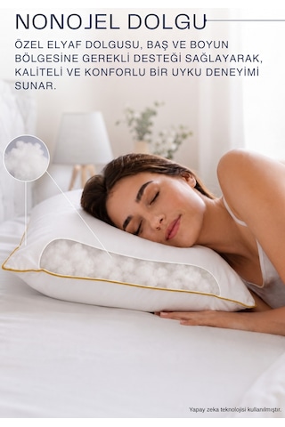 2 Adet Gold Detaylı Gold Rengi Biyeli 1100 Gram Lüks Otel Yastığı Beyaz