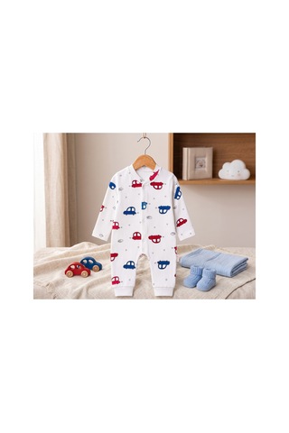 Deniva Kids Erkek Bebek %100 Pamuk Kaşkorse Fitilli Sevimli Arabalar Baskılı Çıtçıtlı Patiksiz Rahat Kalıp Tulum Beyaz