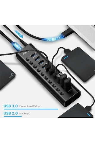 Alüminyum 5 Gbps 10 Port Usb 3.0 Data Hub 12w 3a Power Adaptör Çevirici Dönüştürücü 10 Girişli