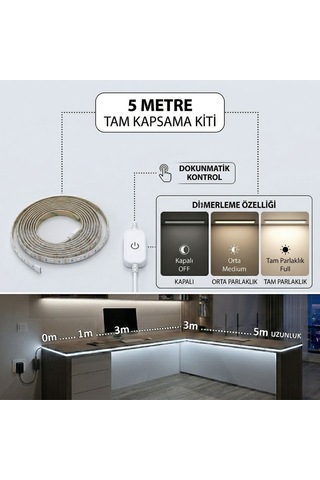 5 Metre Beyaz Şerit Led Işık Seti Dimmer Butonlu Ve Adaptörlü Mutfak Tezgahı, Raf Ve Tv Ünitesi Aydınlatma