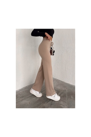 Dechival Kadın Bol Paça Fitilli Pantolon Yazlık Wide Leg Eşofman Altı Ekru