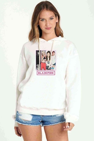 Kpop Blackpink Black Pink Collage Baskılı Kadın Kapüşonlu Beyaz