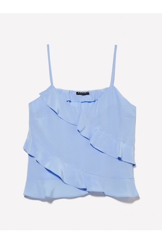 Sisley %100 Viskoz Fırfır Detaylı V Yaka Askılı Üst Kadın Mavi Bluz - 325p5lntlh01j