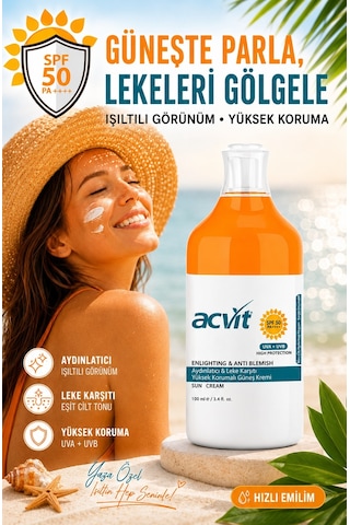 Acvit Aydınlatıcı ve Leke Karşıtı Yüksek Korumalı Güneş Kremi SPF50+ 100 ML