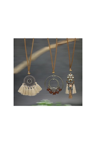 Yıwu Boho-chic 3 Parça Set: Vintage Esintili Püskül & Çiçek Kolye Ve Taşlı Aksesuarlar Metalik