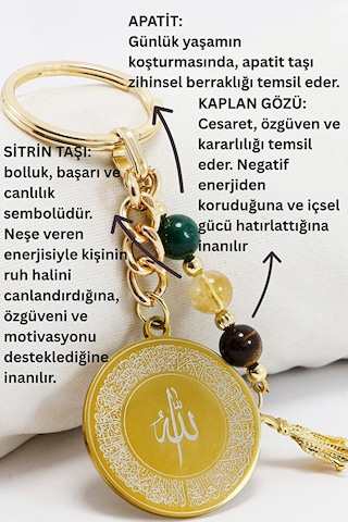 Çelik Çift Taraflı Ayetel Kürsi Hat Nazar Ayeti Anahtarlık Doğal